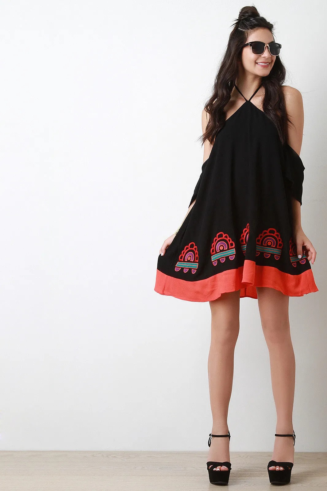 Halter Backless Embroidered Babydoll Dress