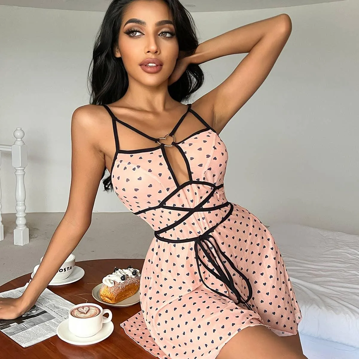 Heart Printed Bady Doll Sleepwear Sexy Babydoll Dress SH240