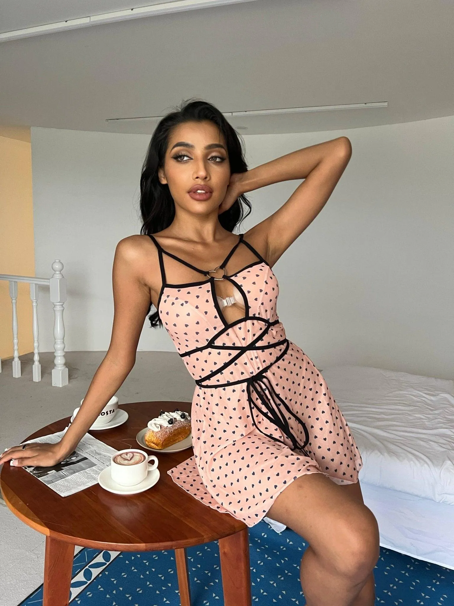 Heart Printed Bady Doll Sleepwear Sexy Babydoll Dress SH240