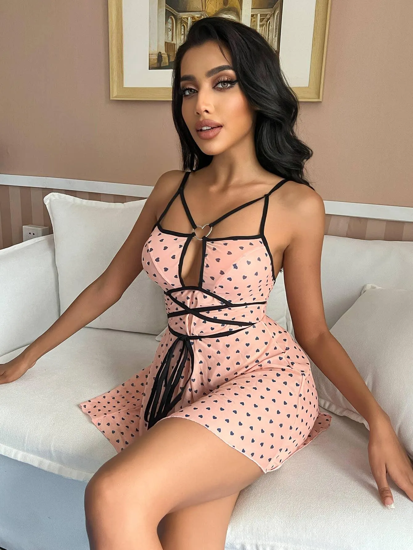 Heart Printed Bady Doll Sleepwear Sexy Babydoll Dress SH240