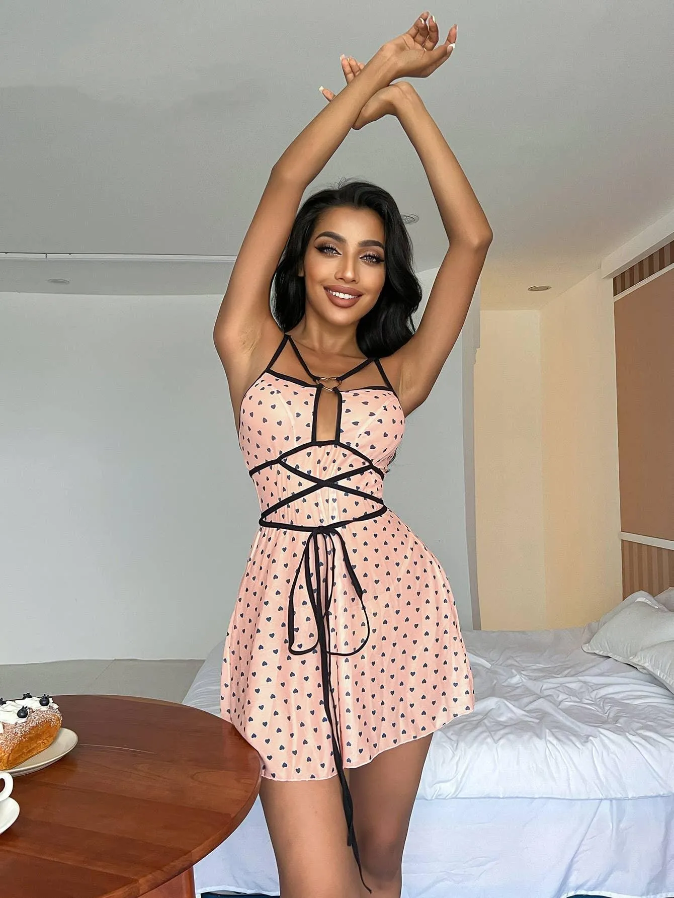 Heart Printed Bady Doll Sleepwear Sexy Babydoll Dress SH240