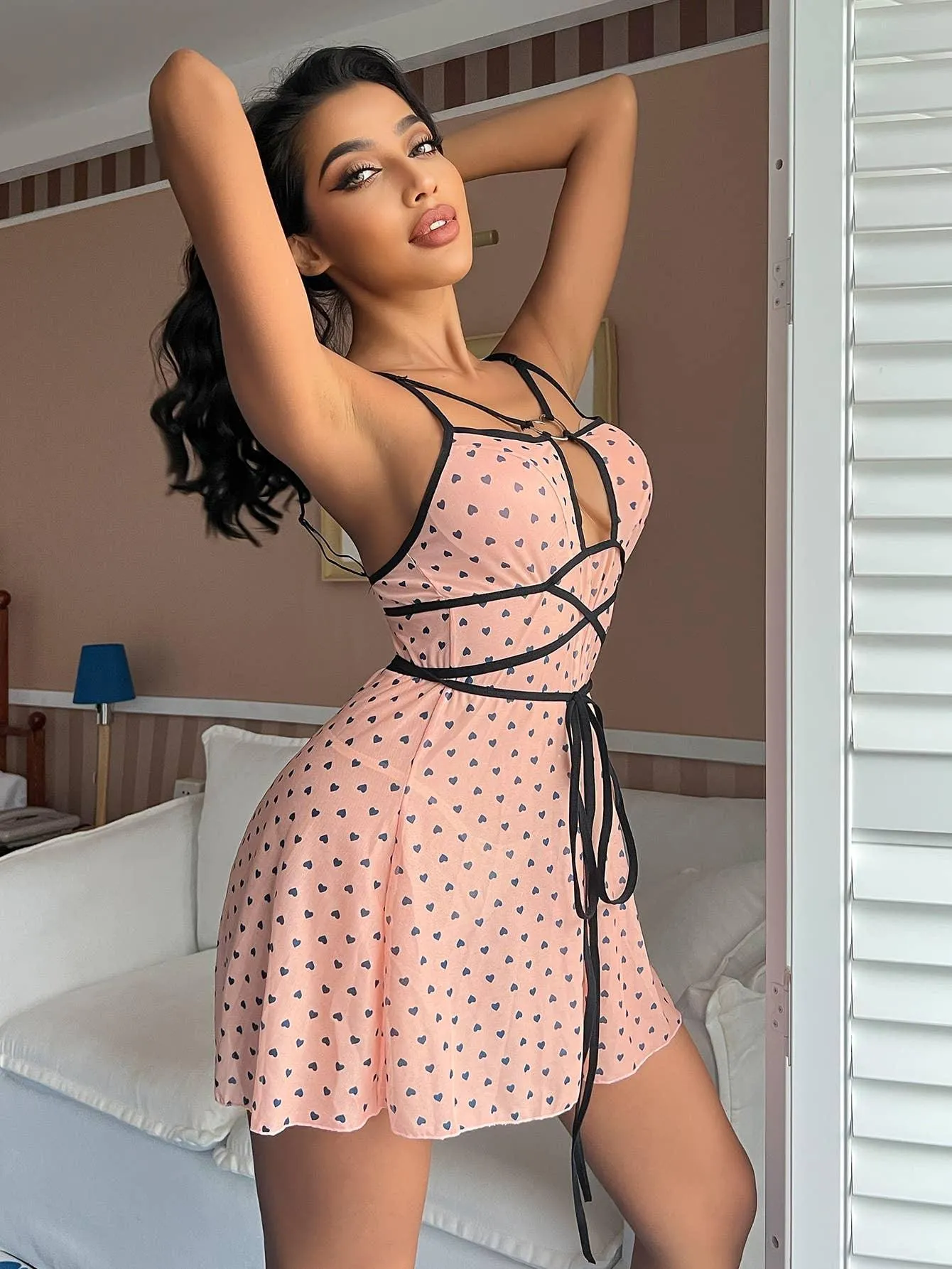 Heart Printed Bady Doll Sleepwear Sexy Babydoll Dress SH240