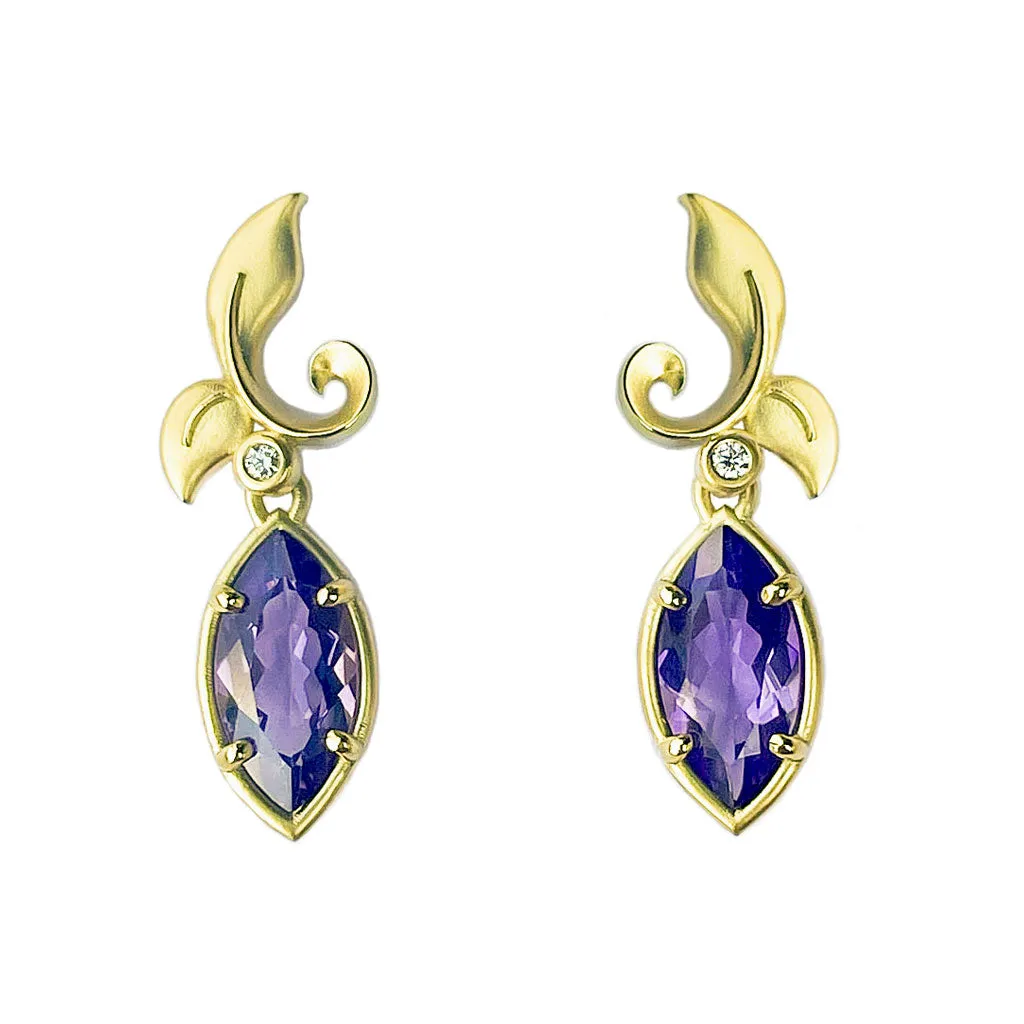 Leaf Yellow Gold, Amethyst and Diamond Drop Earrings