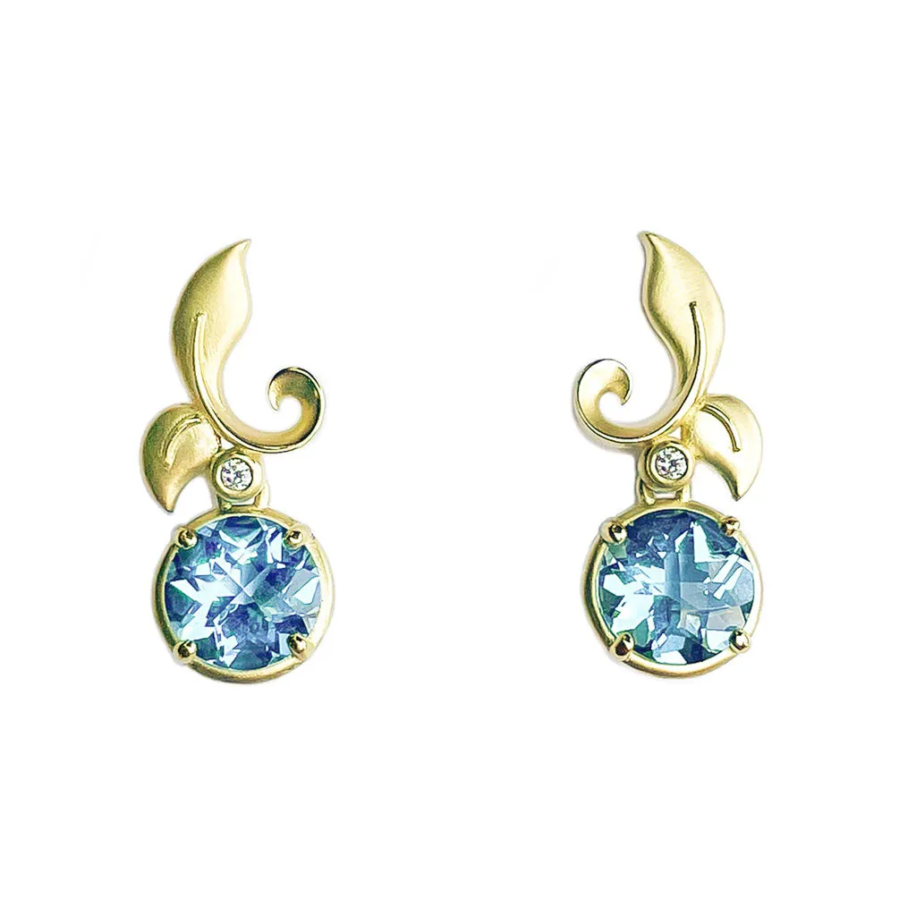 Leaf Yellow Gold, Blue Topaz and Diamond Drop Earrings