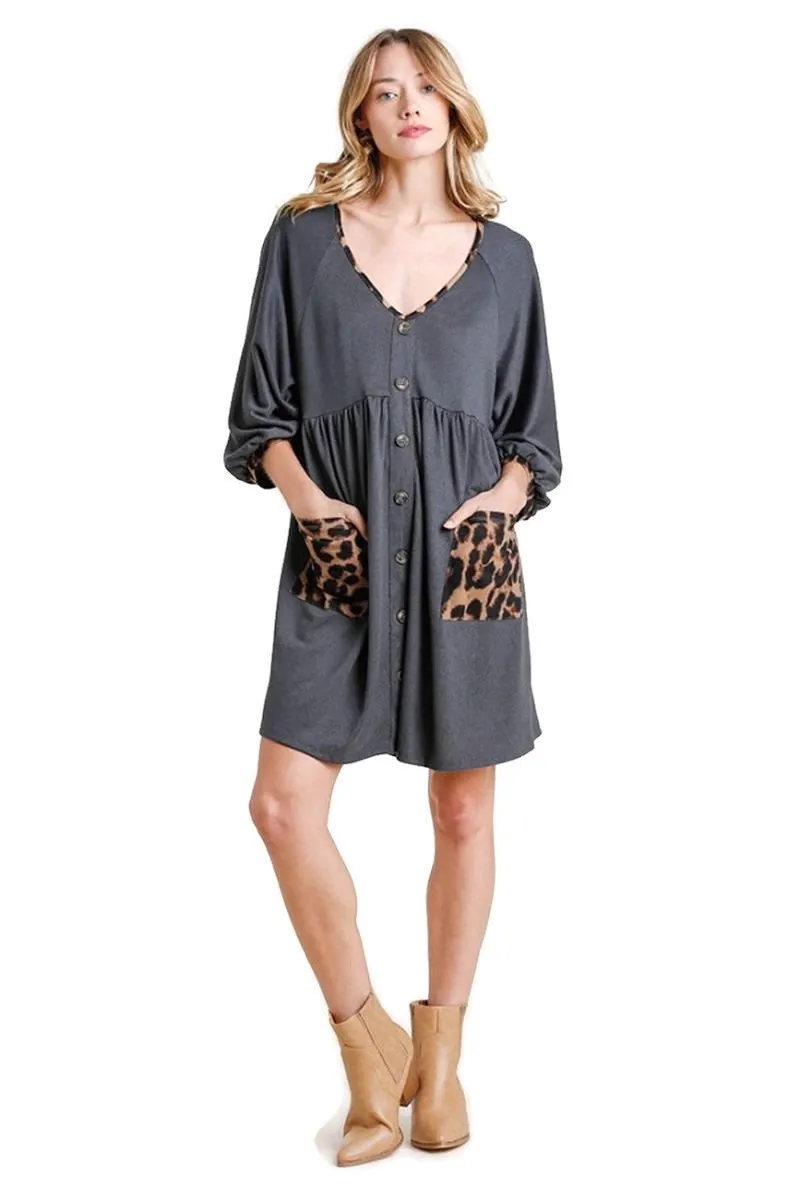 Leopard Pocket Dress, Charcoal