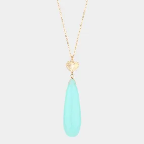 Light Blue Metal Heart Teardrop Natural Stone Link Pendant Long Necklace