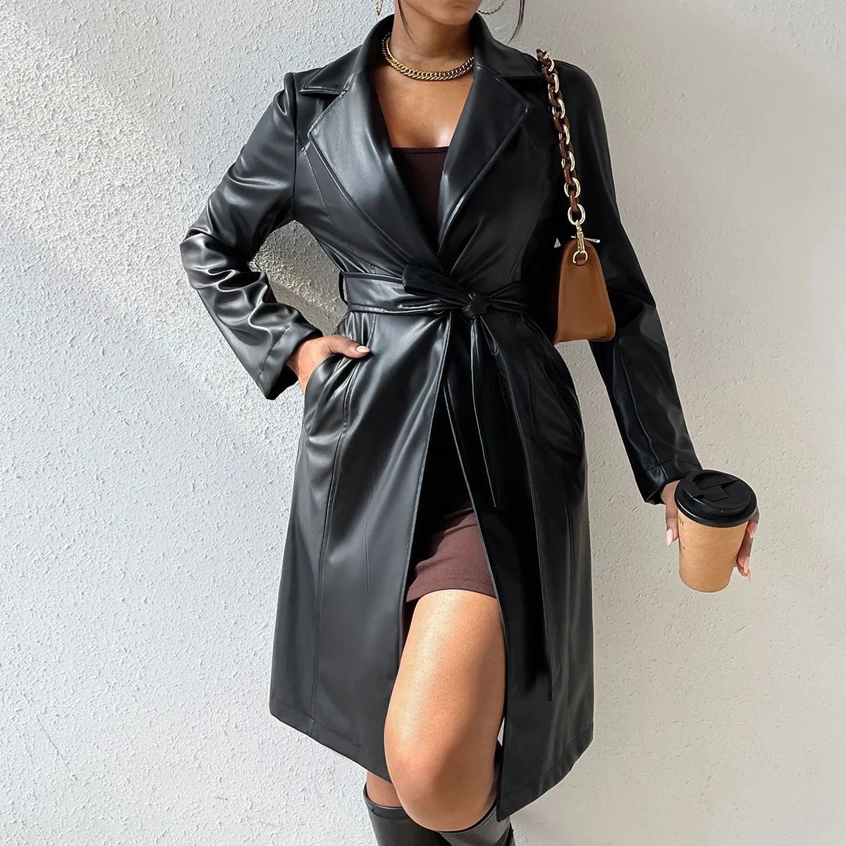 Long Sleeve Lapel PU Leather Jacket With Pockets Slim Fit Long Trench Coat Women's