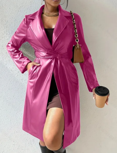 Long Sleeve Lapel PU Leather Jacket With Pockets Slim Fit Long Trench Coat Women's