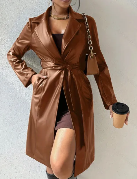 Long Sleeve Lapel PU Leather Jacket With Pockets Slim Fit Long Trench Coat Women's