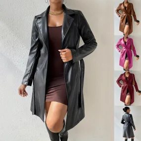 Long Sleeve Lapel PU Leather Jacket With Pockets Slim Fit Long Trench Coat Women's