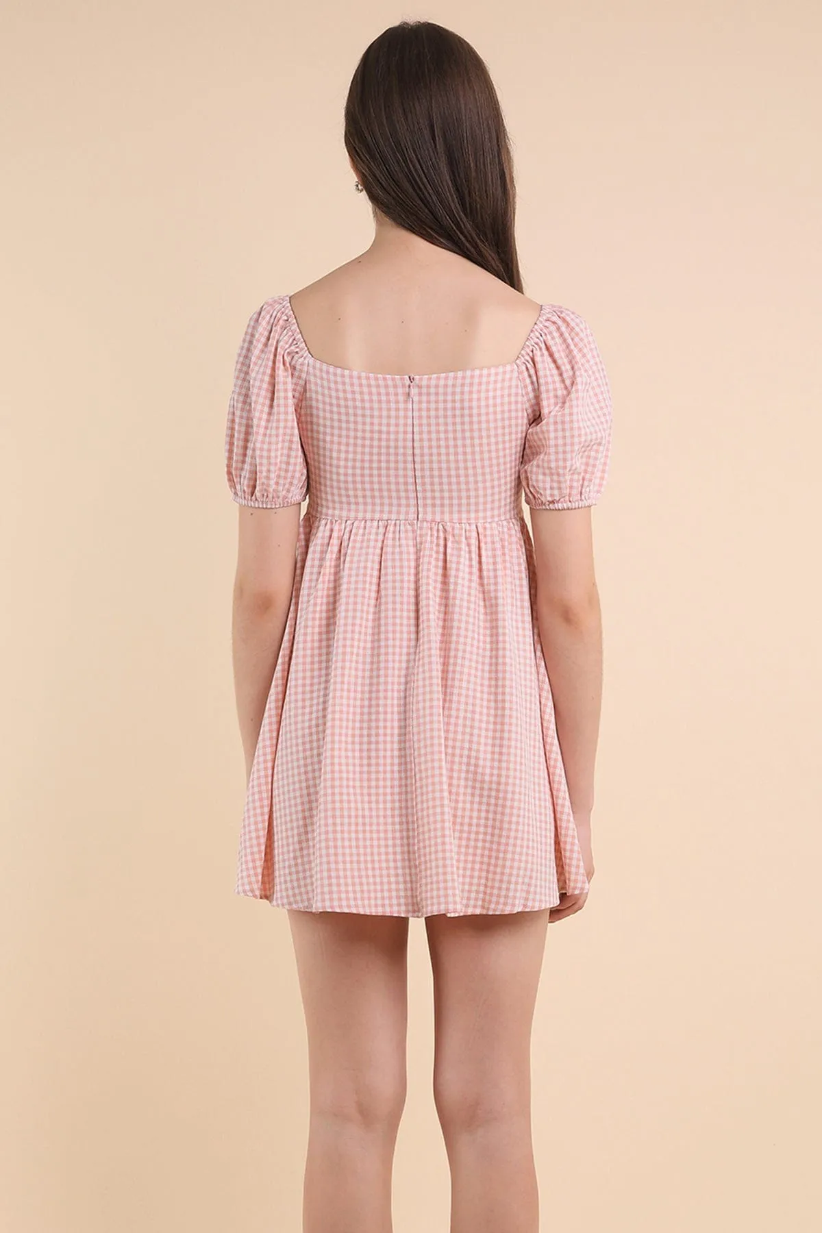 LOUISA BABYDOLL GINGHAM ROMPER DRESS IN PEACH PINK