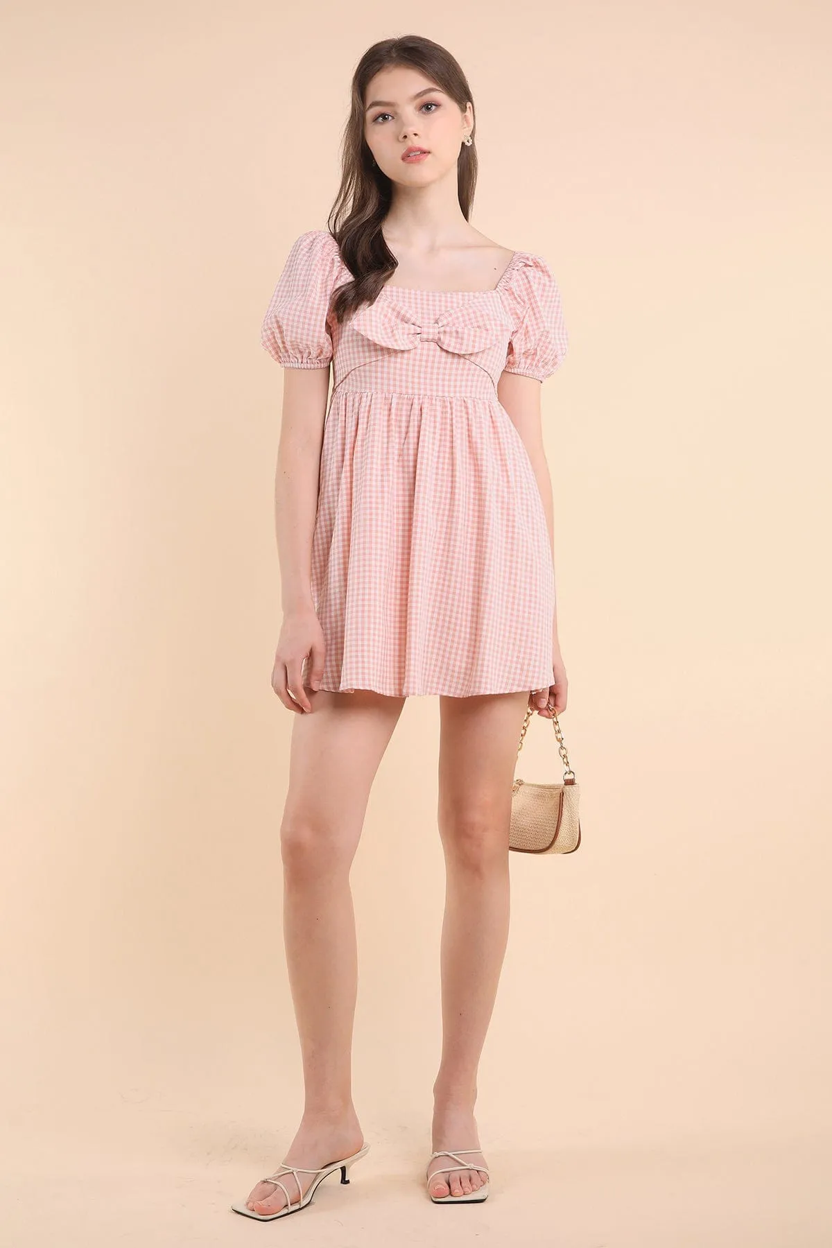 LOUISA BABYDOLL GINGHAM ROMPER DRESS IN PEACH PINK