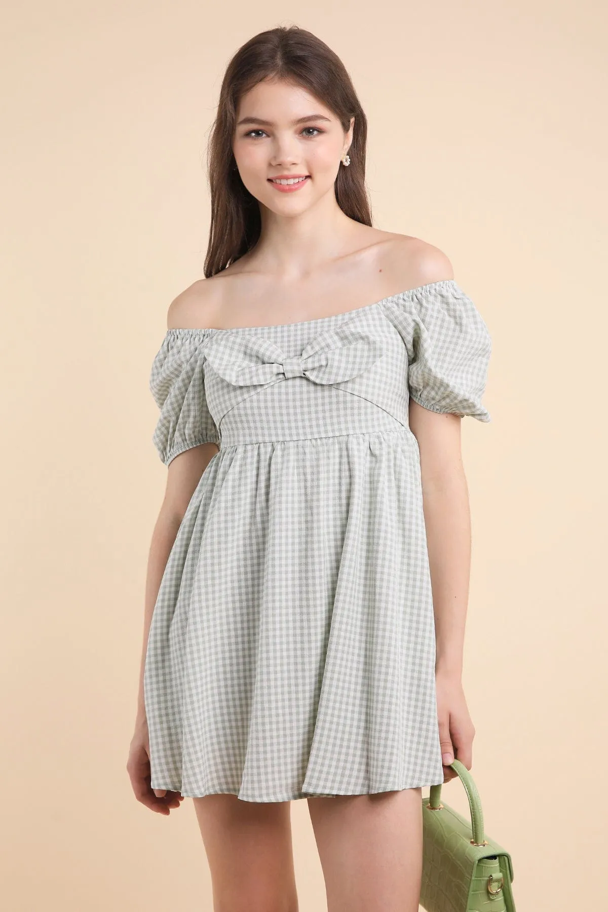 LOUISA BABYDOLL GINGHAM ROMPER DRESS IN WILLOW GREEN