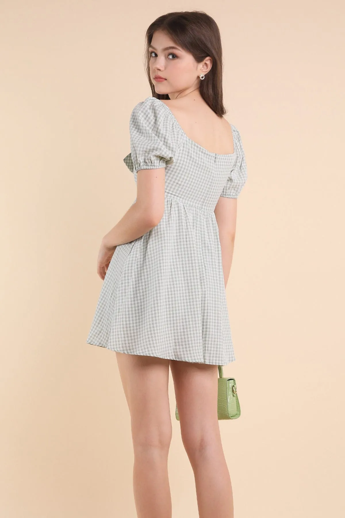 LOUISA BABYDOLL GINGHAM ROMPER DRESS IN WILLOW GREEN