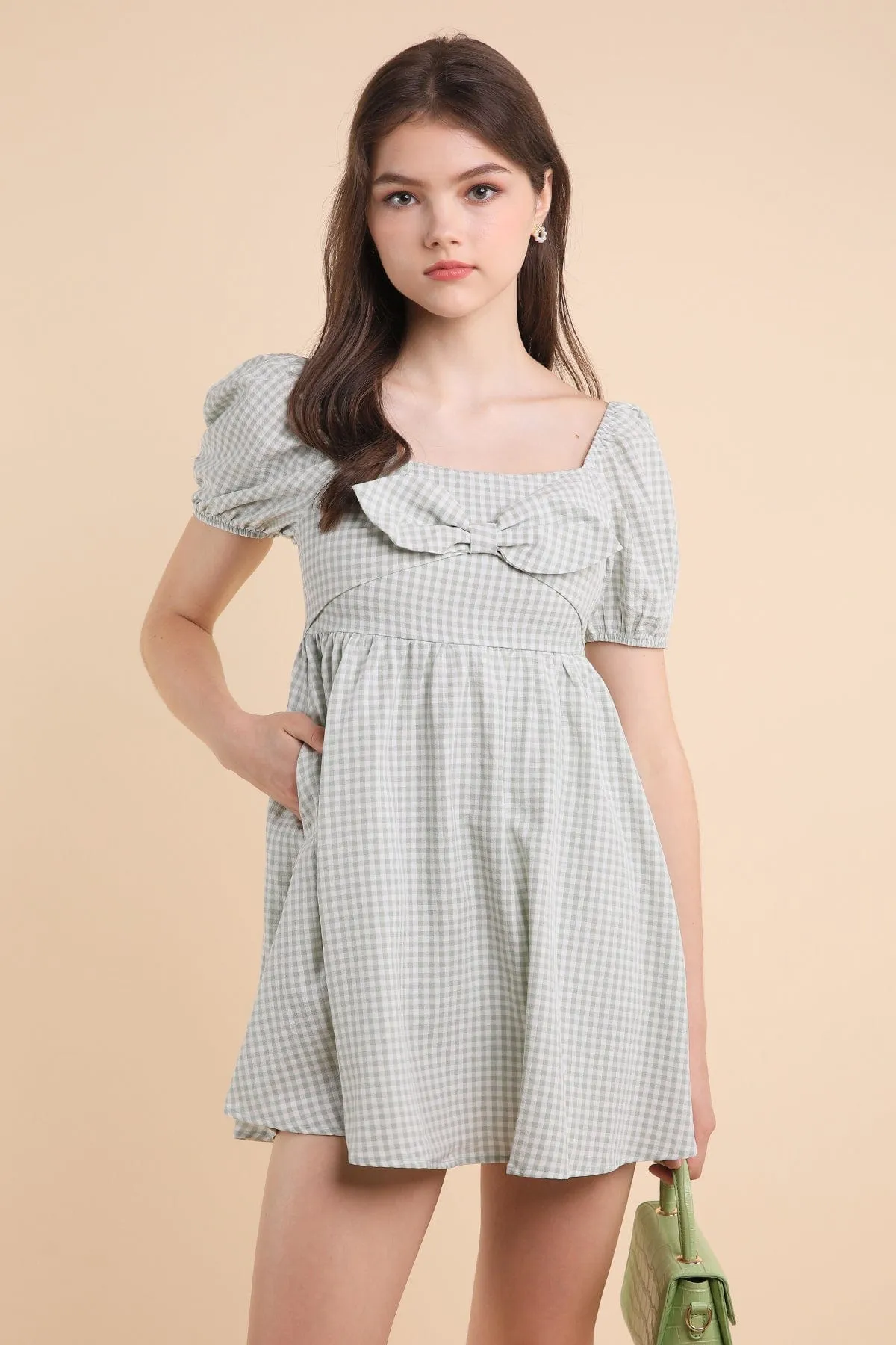 LOUISA BABYDOLL GINGHAM ROMPER DRESS IN WILLOW GREEN