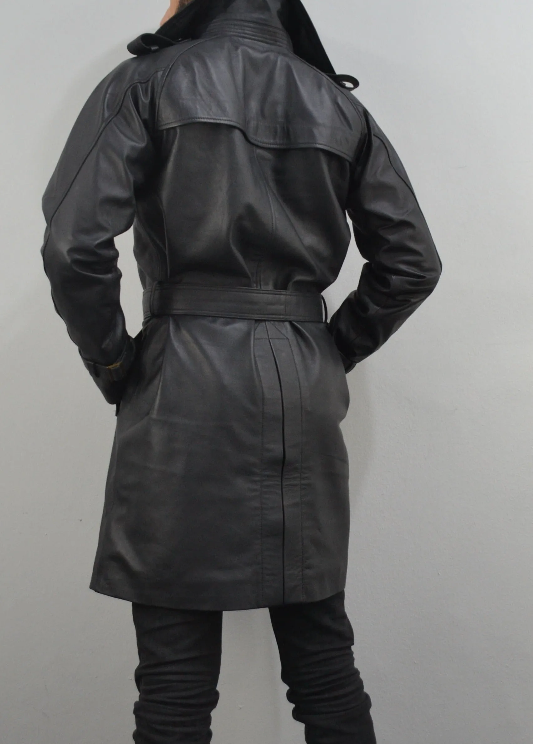 Men's Black Double-Breasted Mid-Length Belted Genuine Leather Coat