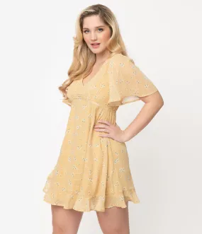 Mustard Yellow Floral Print Flutter Sleeve Mini Dress