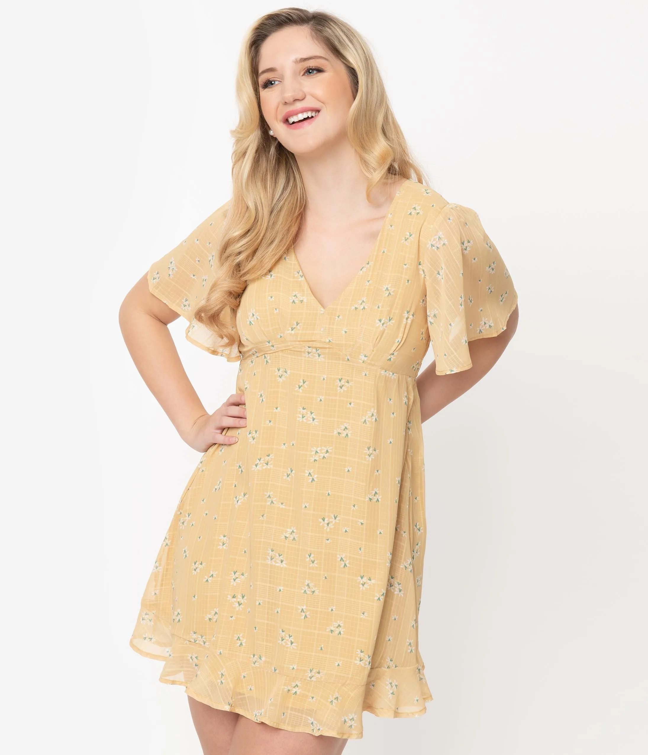 Mustard Yellow Floral Print Flutter Sleeve Mini Dress