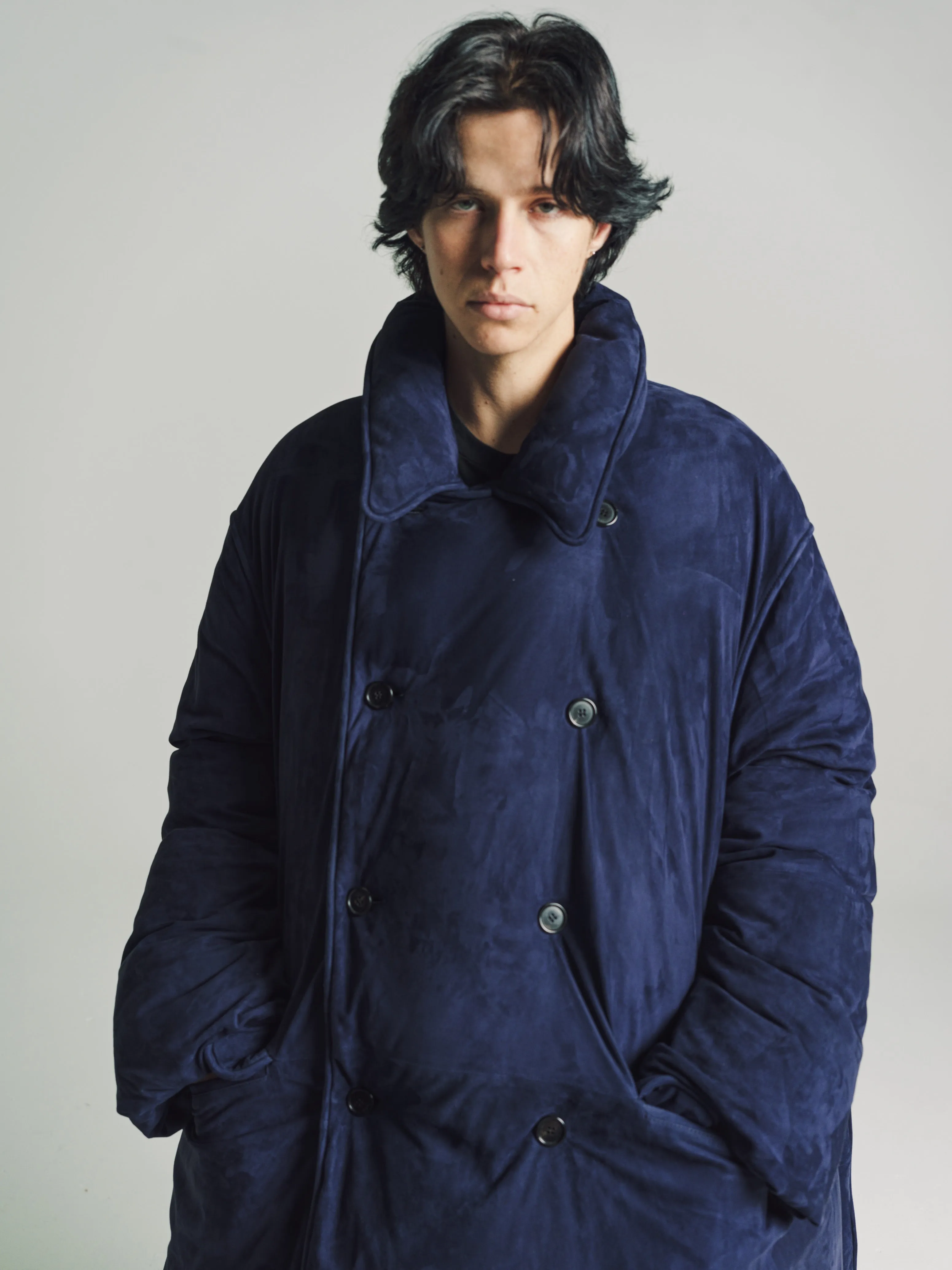 Navy Blue Suede Padded Coat