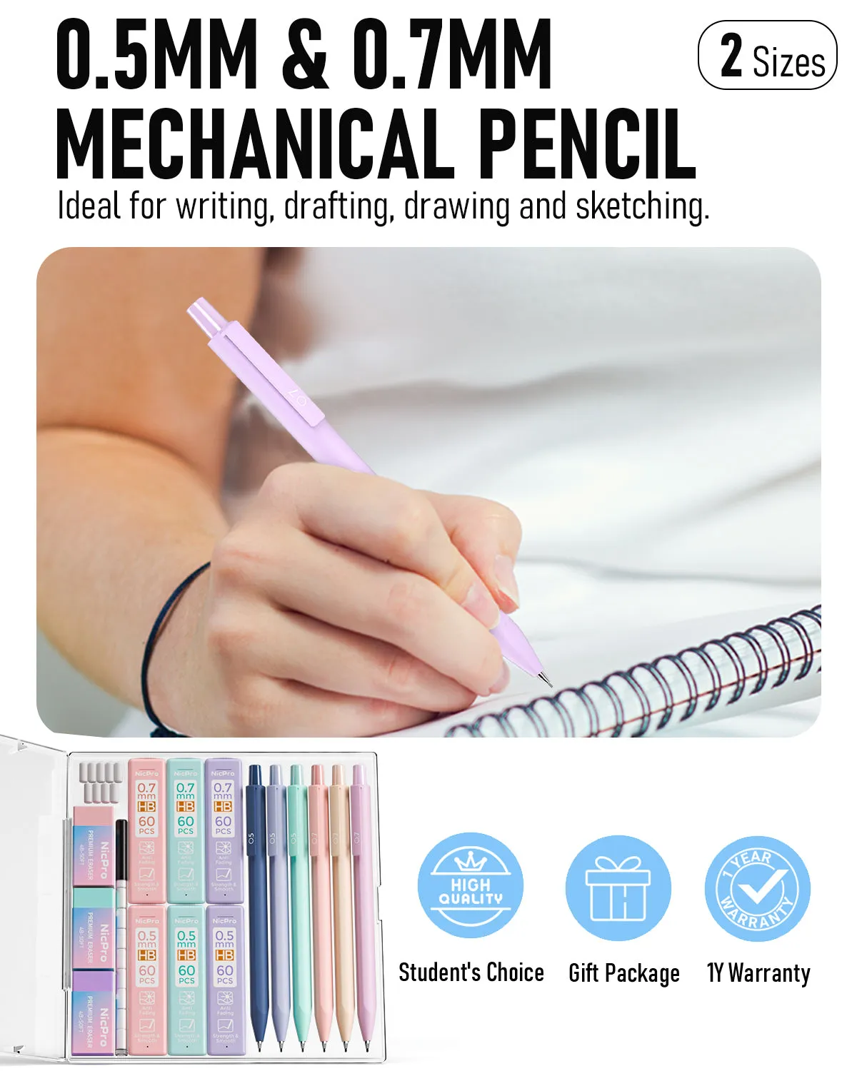 Nicpro 6Pcs Pastel Mechanical Pencil Set, 0.5 & 0.7 mm with 6 Tubes HB Lead Refill, 3Pcs Eraser and 9Pcs Eraser Refill - with Cute Case