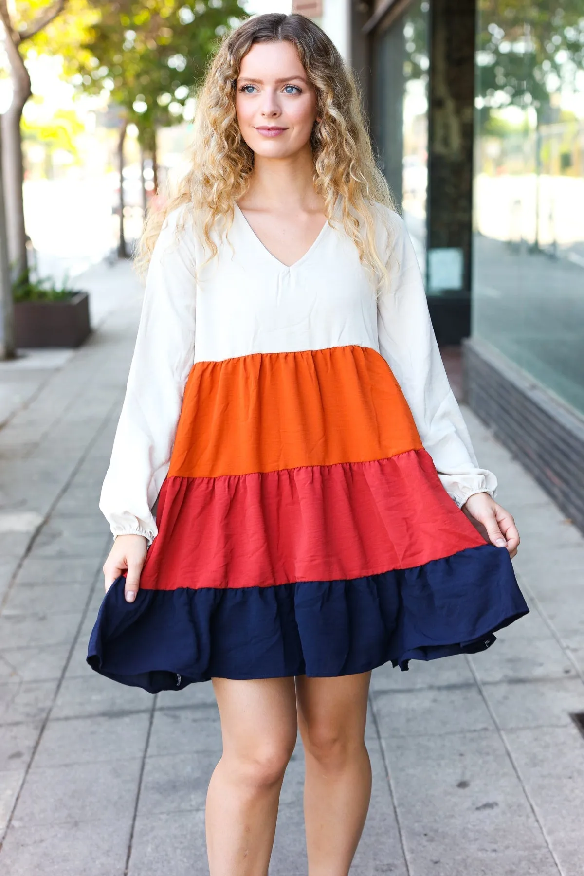 Orange & Multicolor Tiered Babydoll Dress