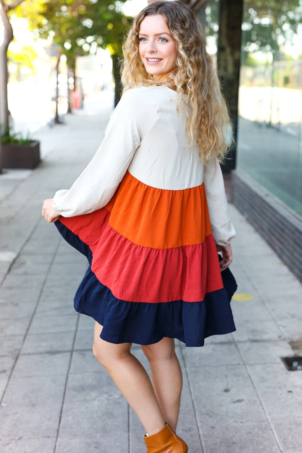 Orange & Multicolor Tiered Babydoll Dress