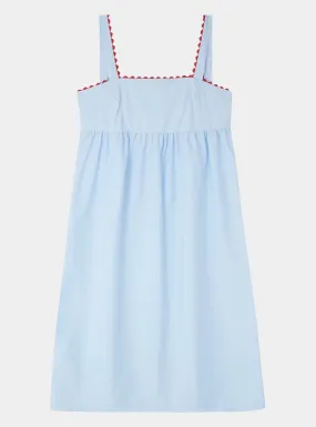 Pale Blue Mini Nightdress With Red Ric Rac - 100% Cotton Poplin