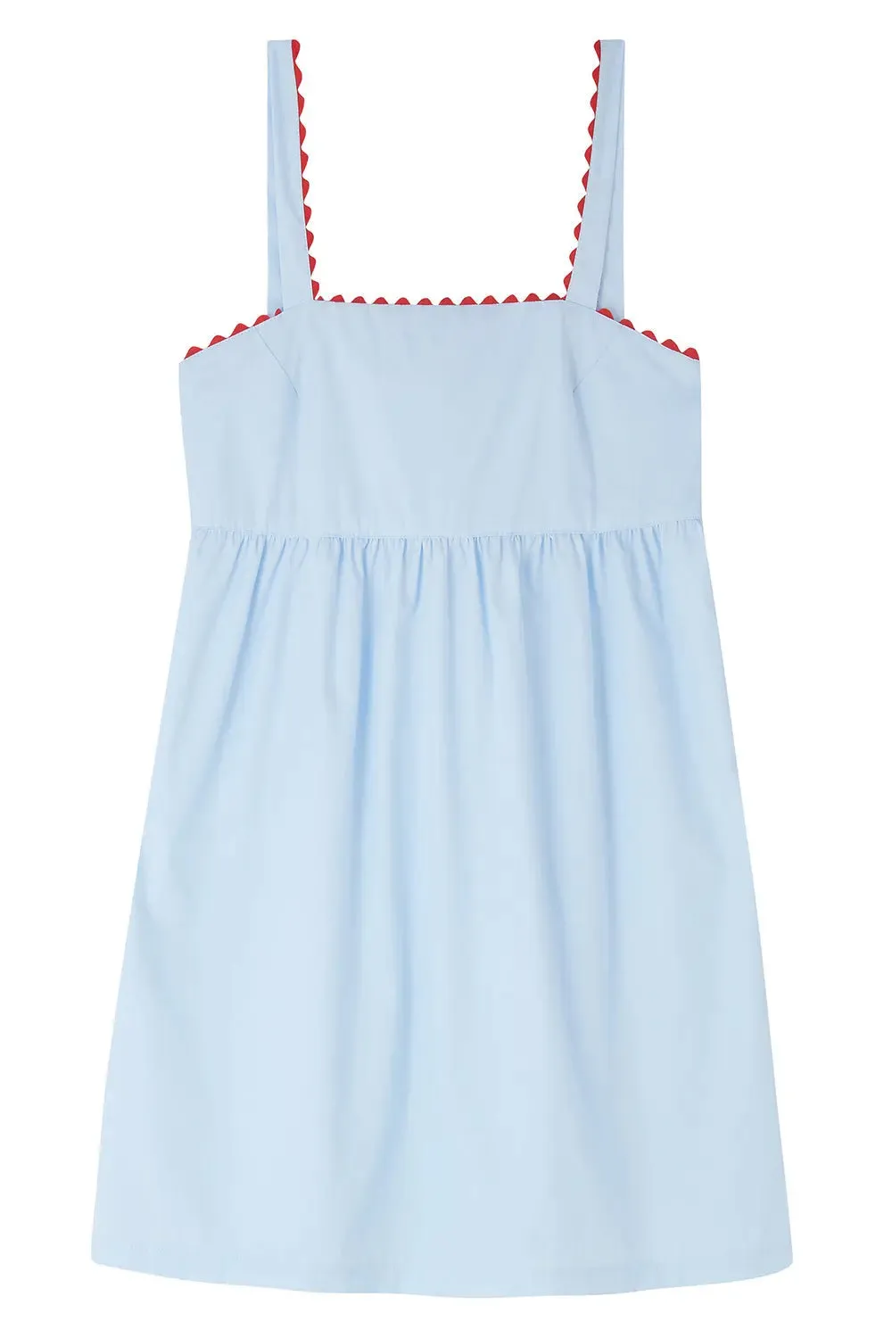 Pale Blue Mini Nightdress With Red Ric Rac - 100% Cotton Poplin