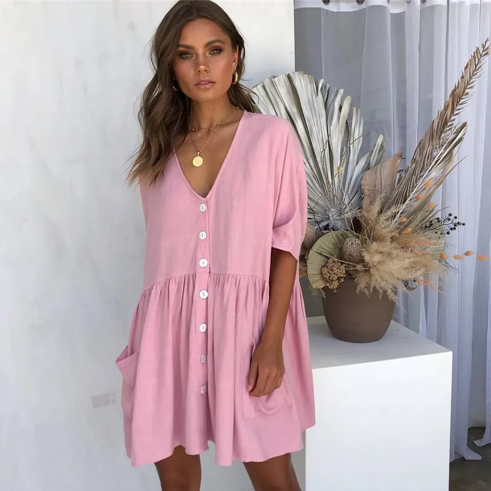 Palmer Pocketed Button Down Babydoll Dress - Pink