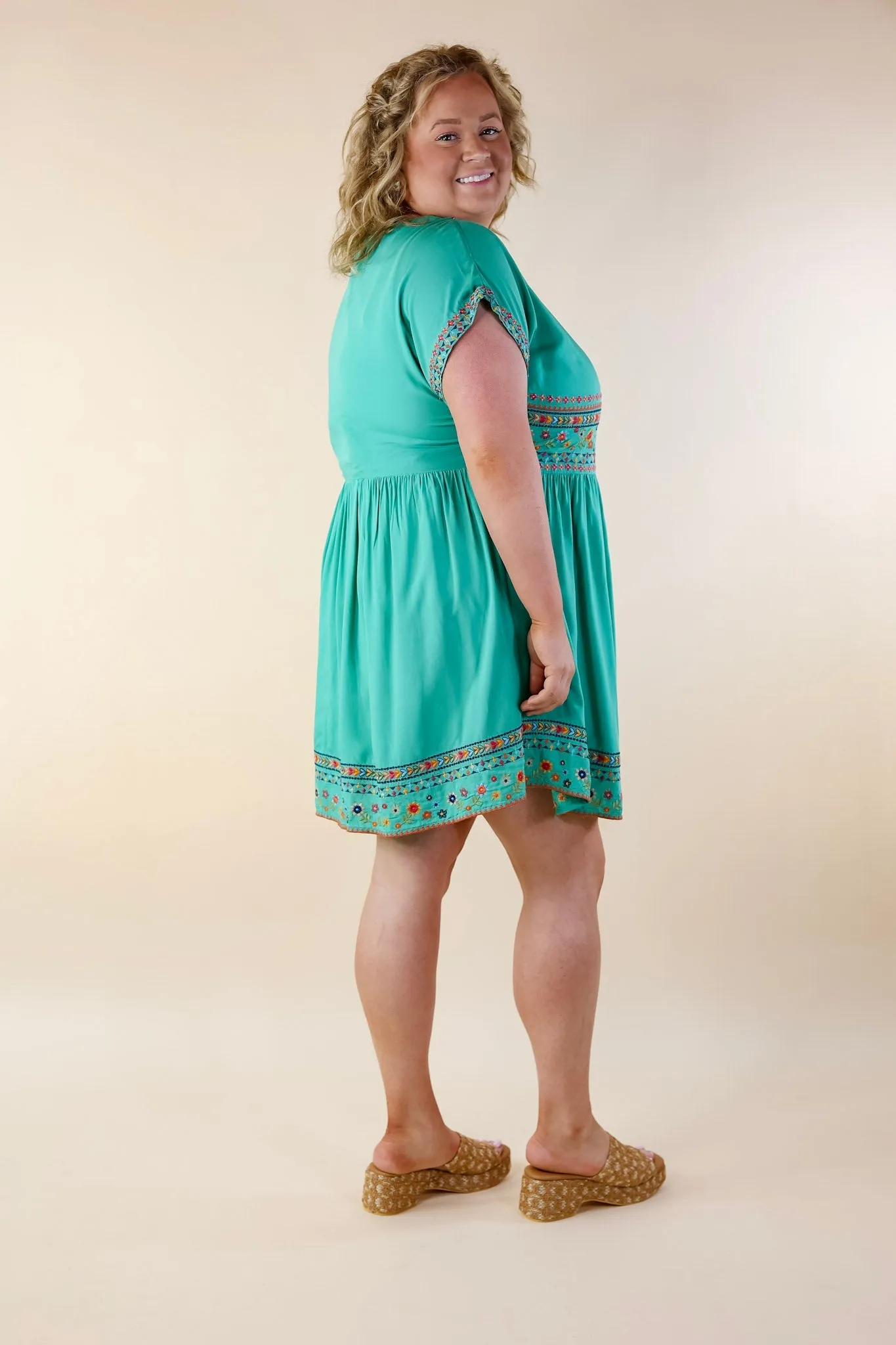 Passing Through V Neck Embroidered Dress with Short Sleeves in Mint Green