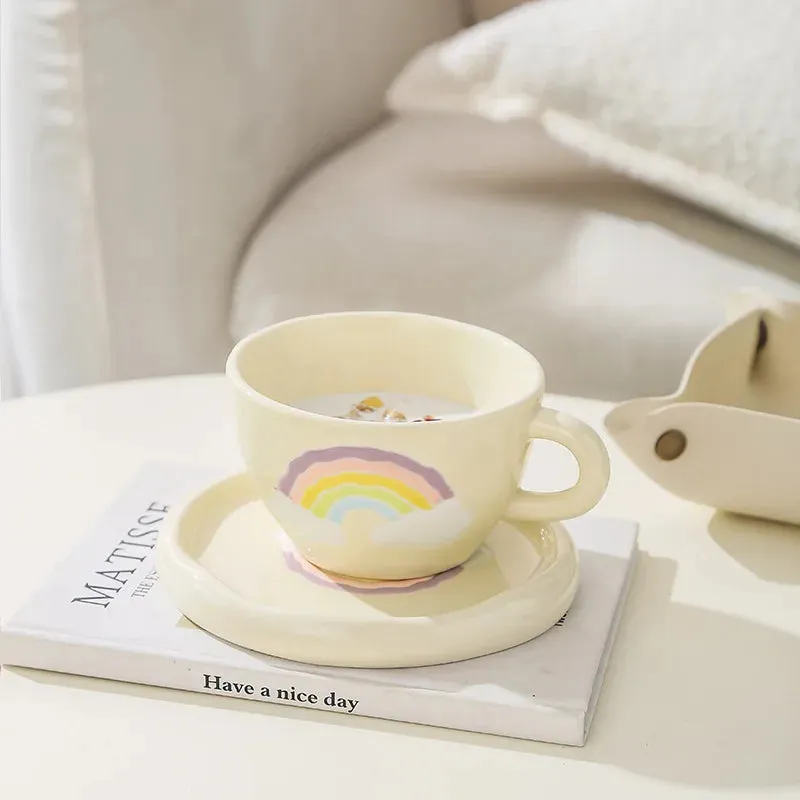 Pastel Rainbow Ceramic Tea &amp; Coffee Cup Set with Plate