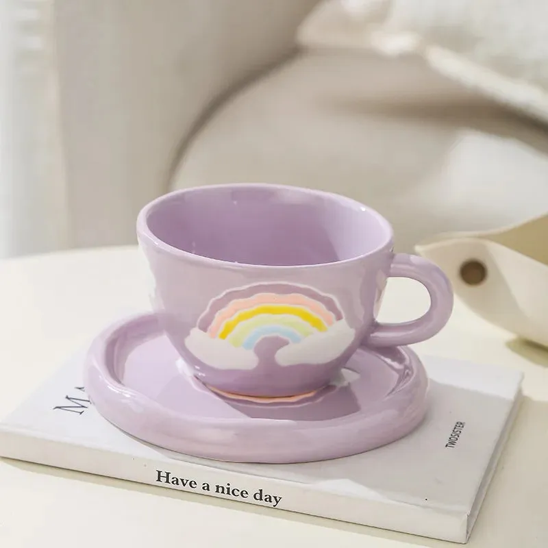 Pastel Rainbow Ceramic Tea &amp; Coffee Cup Set with Plate