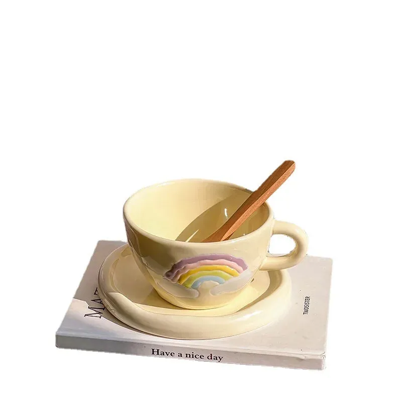 Pastel Rainbow Ceramic Tea &amp; Coffee Cup Set with Plate