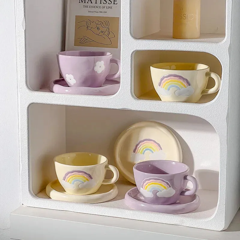 Pastel Rainbow Ceramic Tea &amp; Coffee Cup Set with Plate