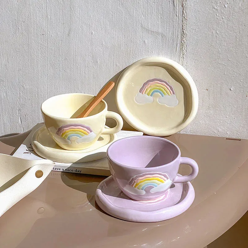 Pastel Rainbow Ceramic Tea &amp; Coffee Cup Set with Plate