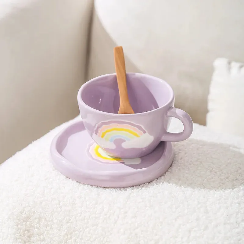 Pastel Rainbow Ceramic Tea &amp; Coffee Cup Set with Plate