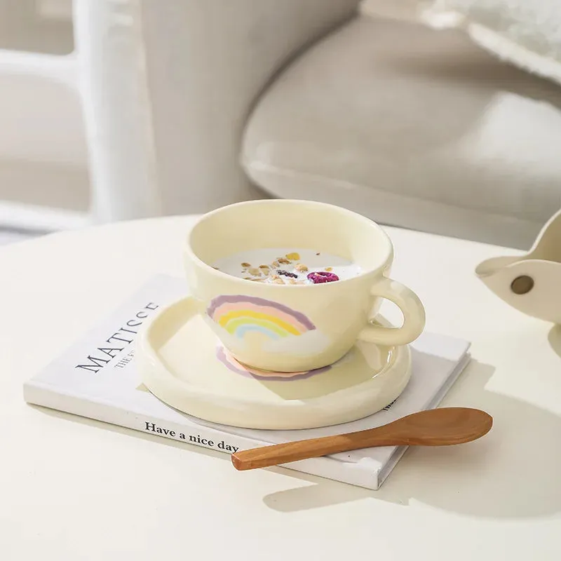 Pastel Rainbow Ceramic Tea &amp; Coffee Cup Set with Plate