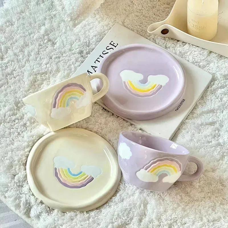 Pastel Rainbow Ceramic Tea &amp; Coffee Cup Set with Plate