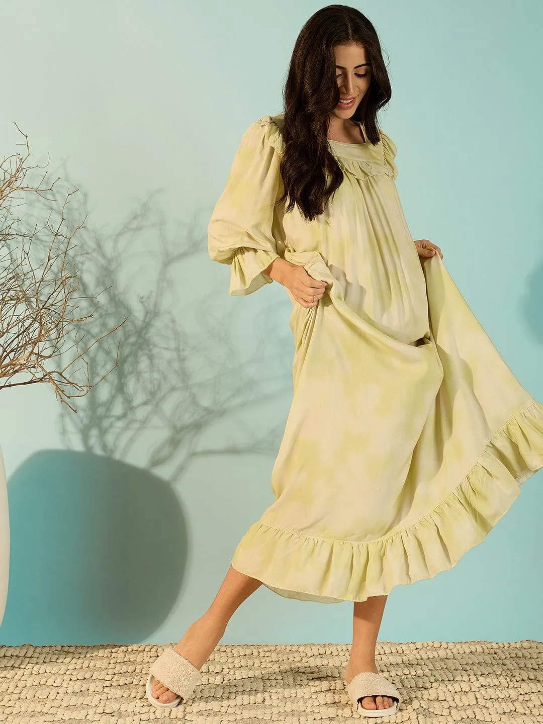 Pastel Yellow Soft Frill Luxury Night Dress For Women