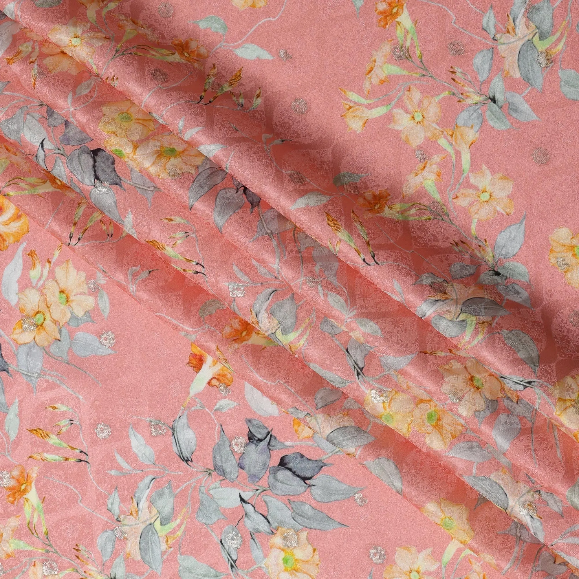 Peach Floral Silk Satin Fabric with Metallic Accents, Width 140 cm, South Korea-D21286