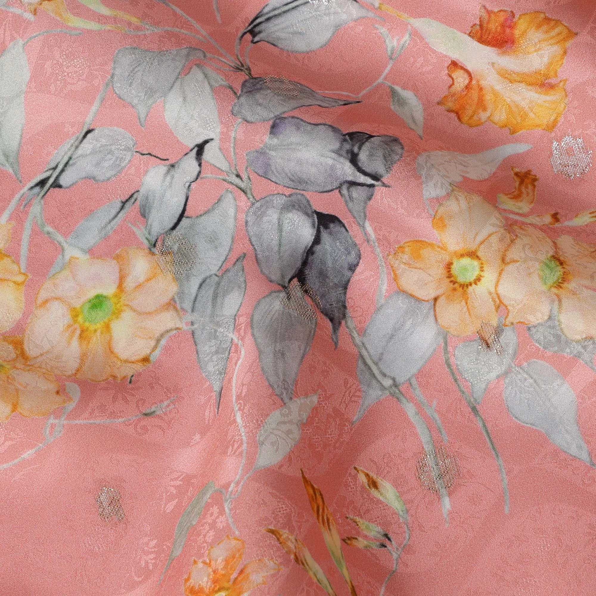 Peach Floral Silk Satin Fabric with Metallic Accents, Width 140 cm, South Korea-D21286