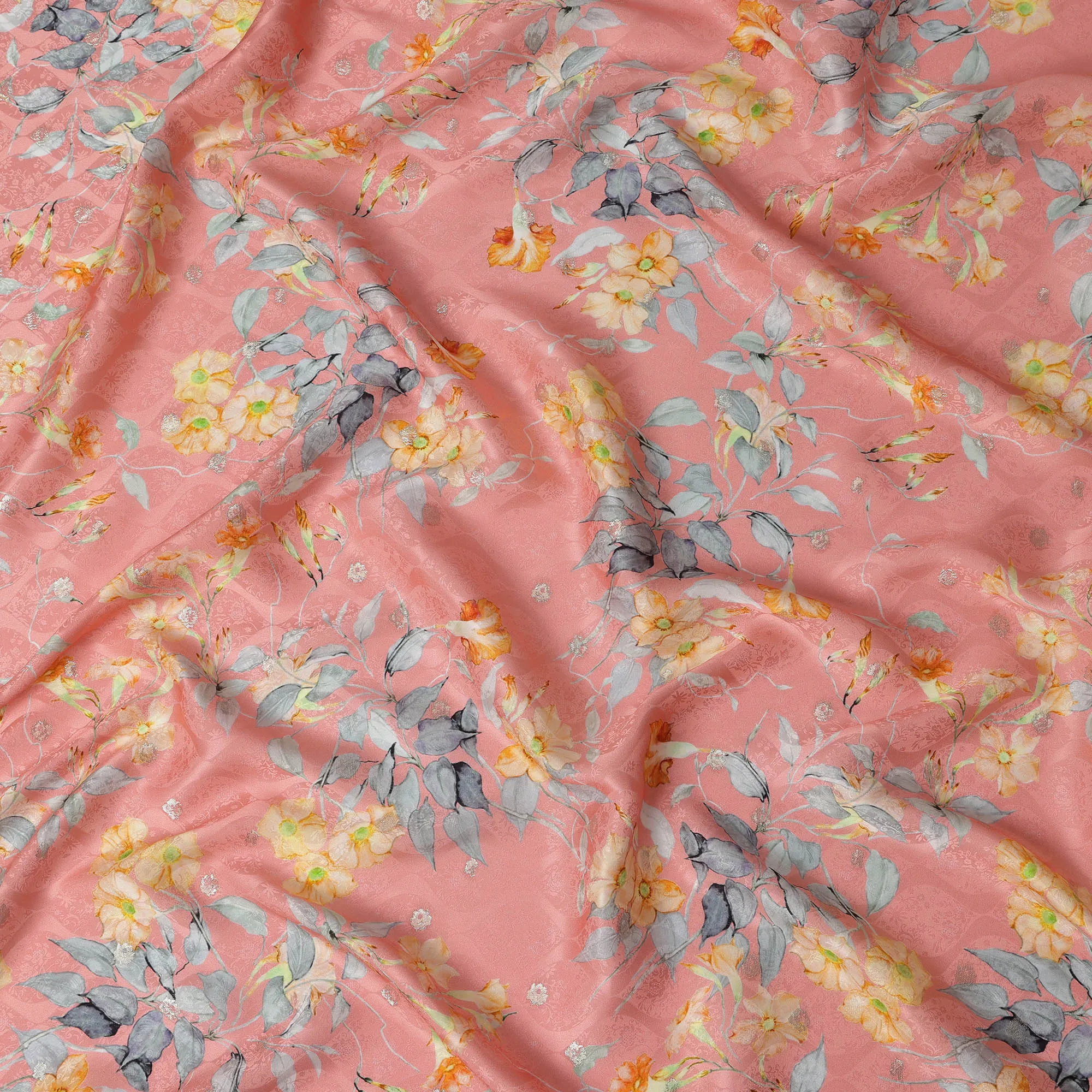 Peach Floral Silk Satin Fabric with Metallic Accents, Width 140 cm, South Korea-D21286