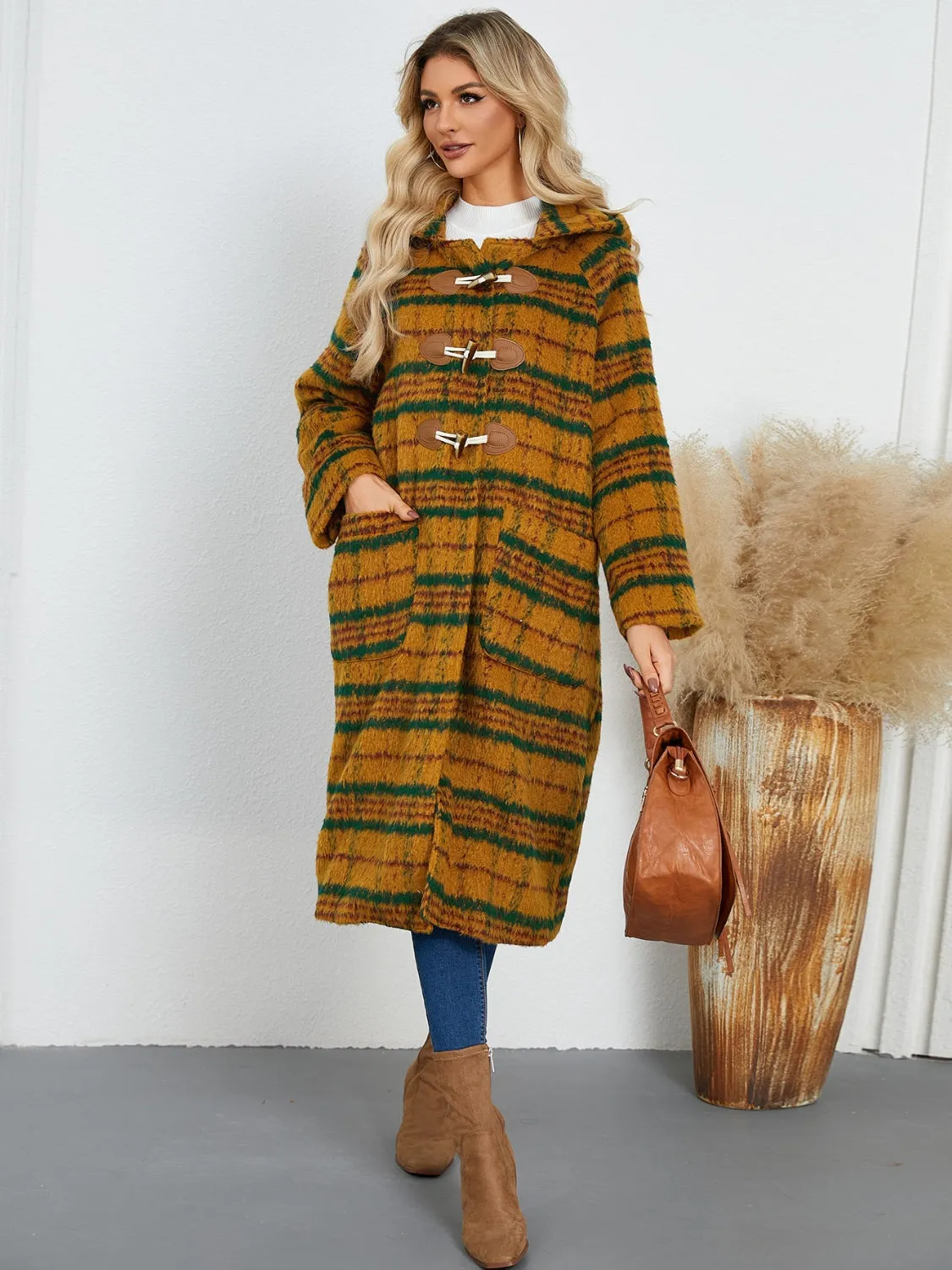 Plaid Long Sleeve Hooded Coat with Pockets