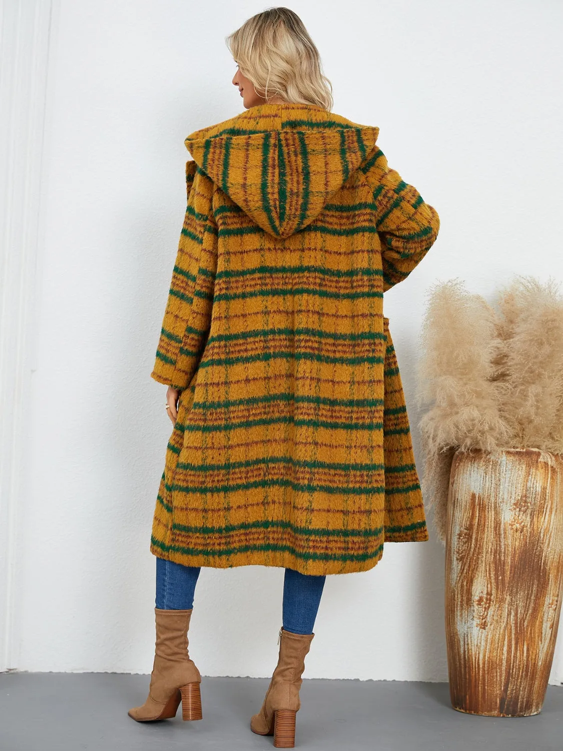 Plaid Long Sleeve Hooded Coat with Pockets