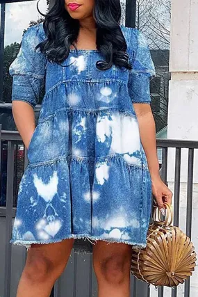 Plus Size Navy Blue Daily Denim Puff Sleeve Babydoll Dress Mini Dress