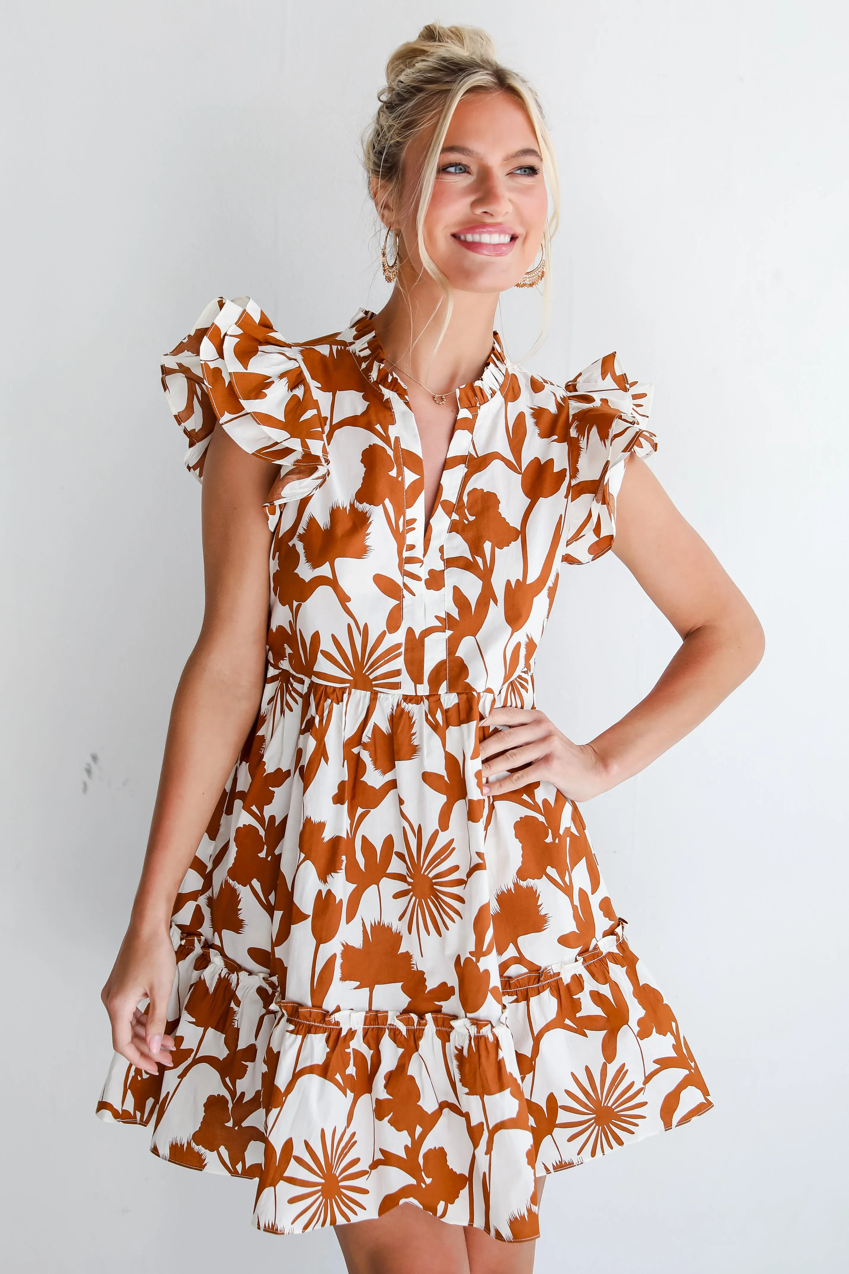 Pretty Whimsy Brown Floral Mini Dress