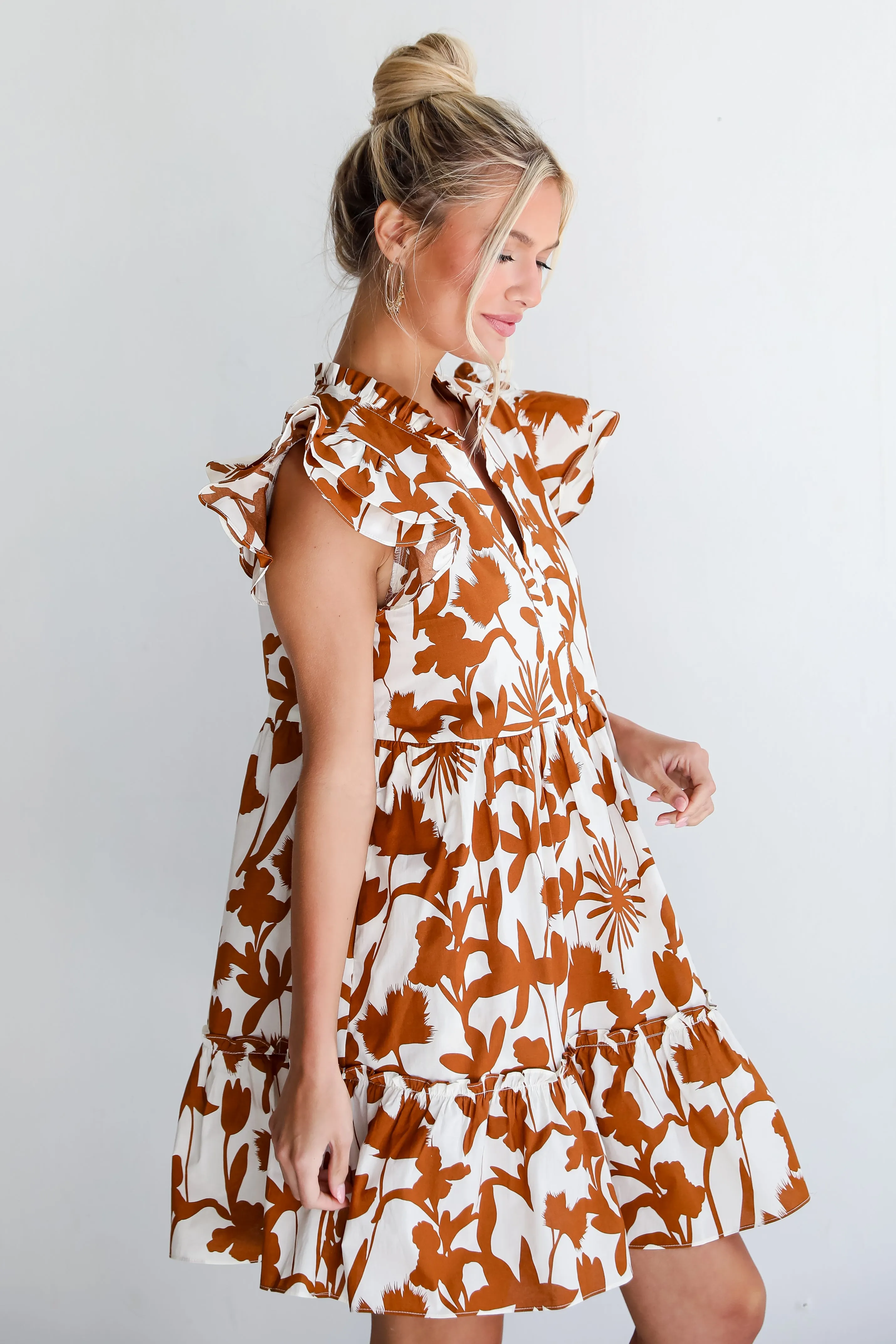 Pretty Whimsy Brown Floral Mini Dress