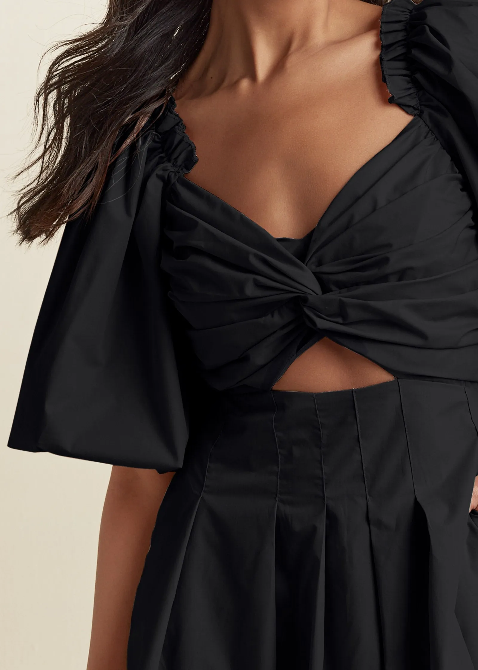 Puff Sleeve Taffeta Dress - Black