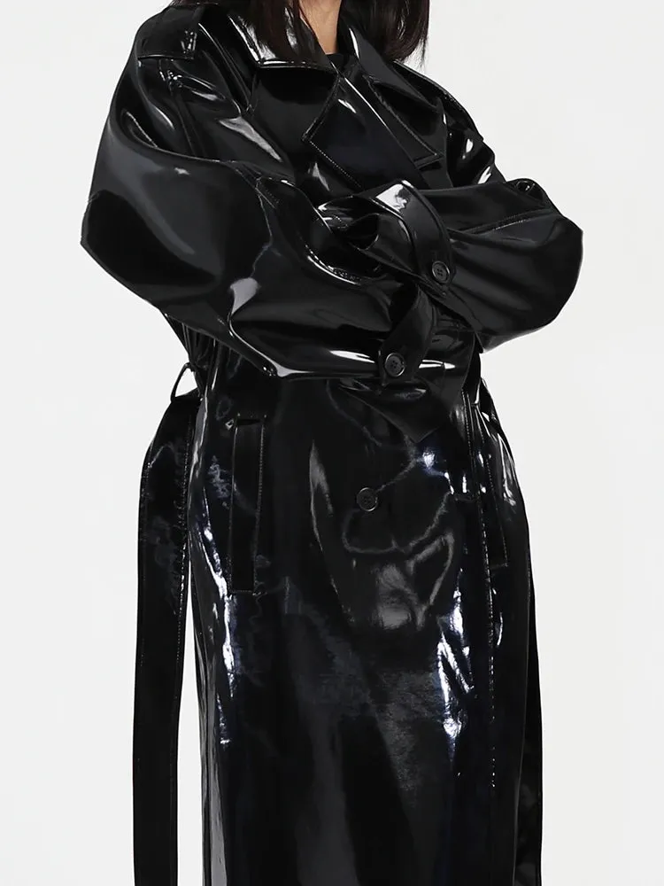 Reflective Patent Leather Trench Coat