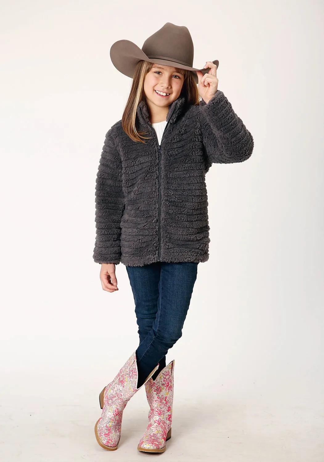 Roper Girls Faux Mink Grey 100% Polyester Fleece Jacket